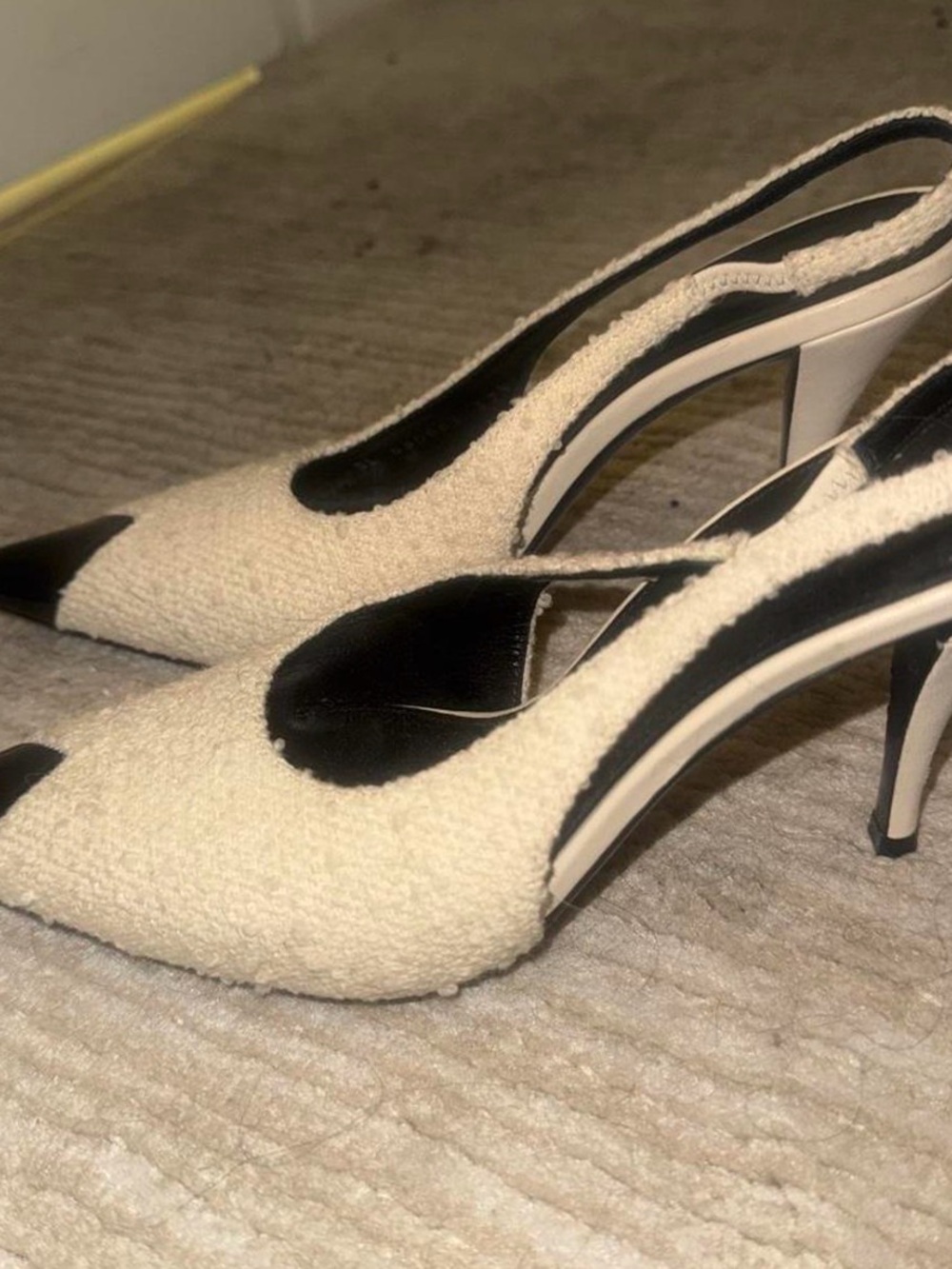 Saint Laurent Cream and Black Pointed Slingback Heels